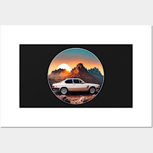 Vintage 70s retro classic car in mountain roads during sunset Posters and Art